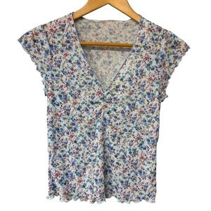 Coquette Mini Floral V-Neck Cap Sleeve Lettuce Hem Mesh Sheer Top Blue Pink Y2K